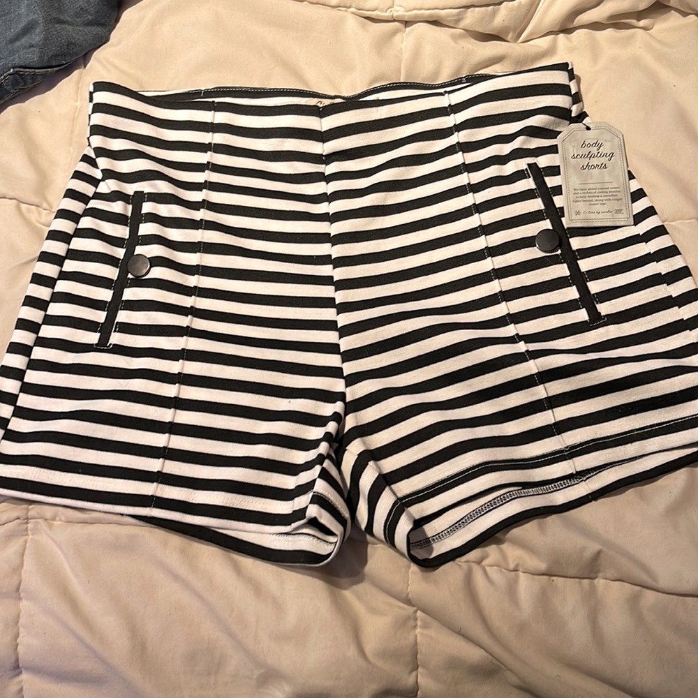 Black and white striped cotton shorts